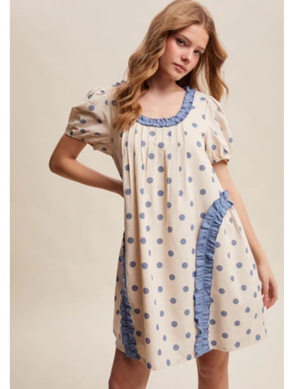 Listicle Cream and Blue Polka Dot Mini Dress